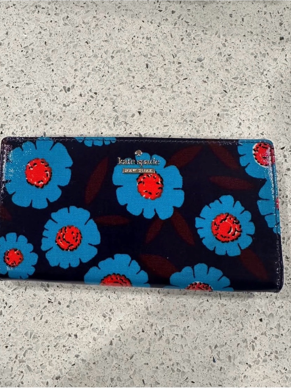 kate spade navy floral continental wallet with blue and red accents